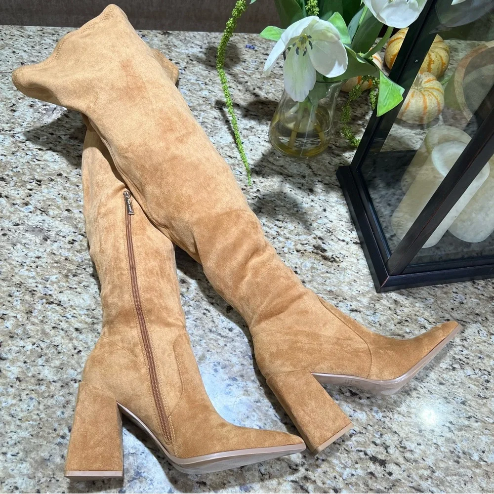Cape Robbin Tan Over The Knee Pointed Heel Triangle Block Heel 8.5